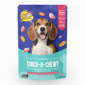 Photo of Furloved's Healthy preservative free Chick-a-chewy dog treat made from chicken, turmeric and apple cider vinegar