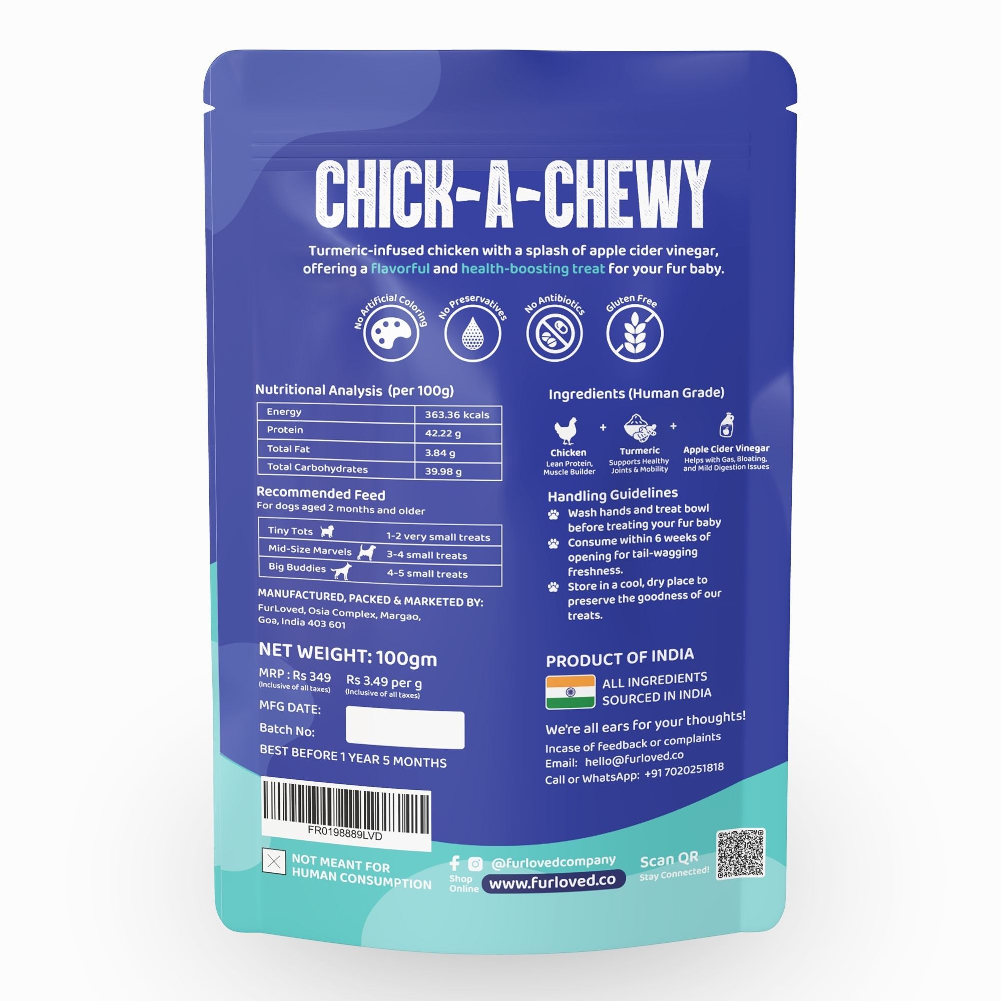 Back Photo of Furloved's Healthy preservative free Chick-a-chewy dog treat made from chicken, turmeric and apple cider vinegar